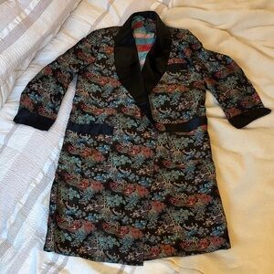 Floral Vintage Silk Robe with Black Trim